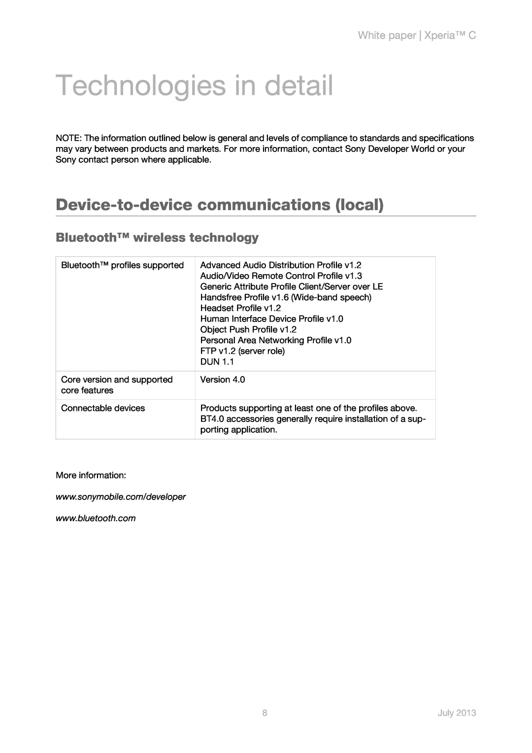 Sony s39h manual Technologies in detail, Device-to-device communications local, Bluetooth wireless technology, July 