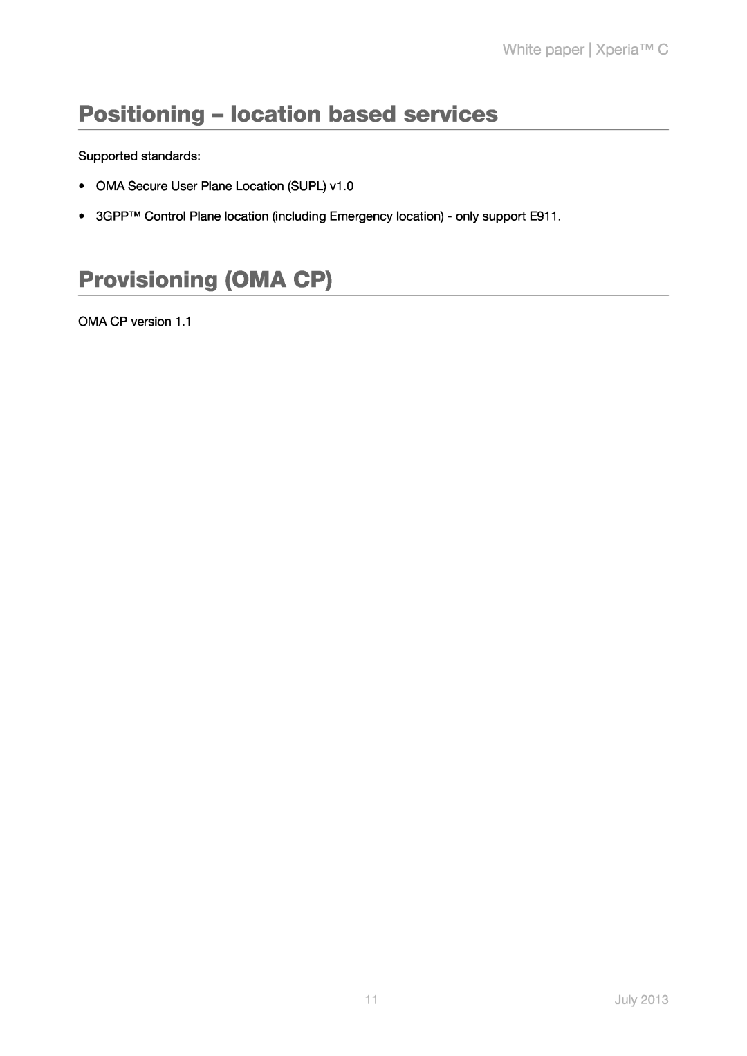 Sony s39h manual Positioning - location based services, Provisioning OMA CP, White paper Xperia C, OMA CP version, July 