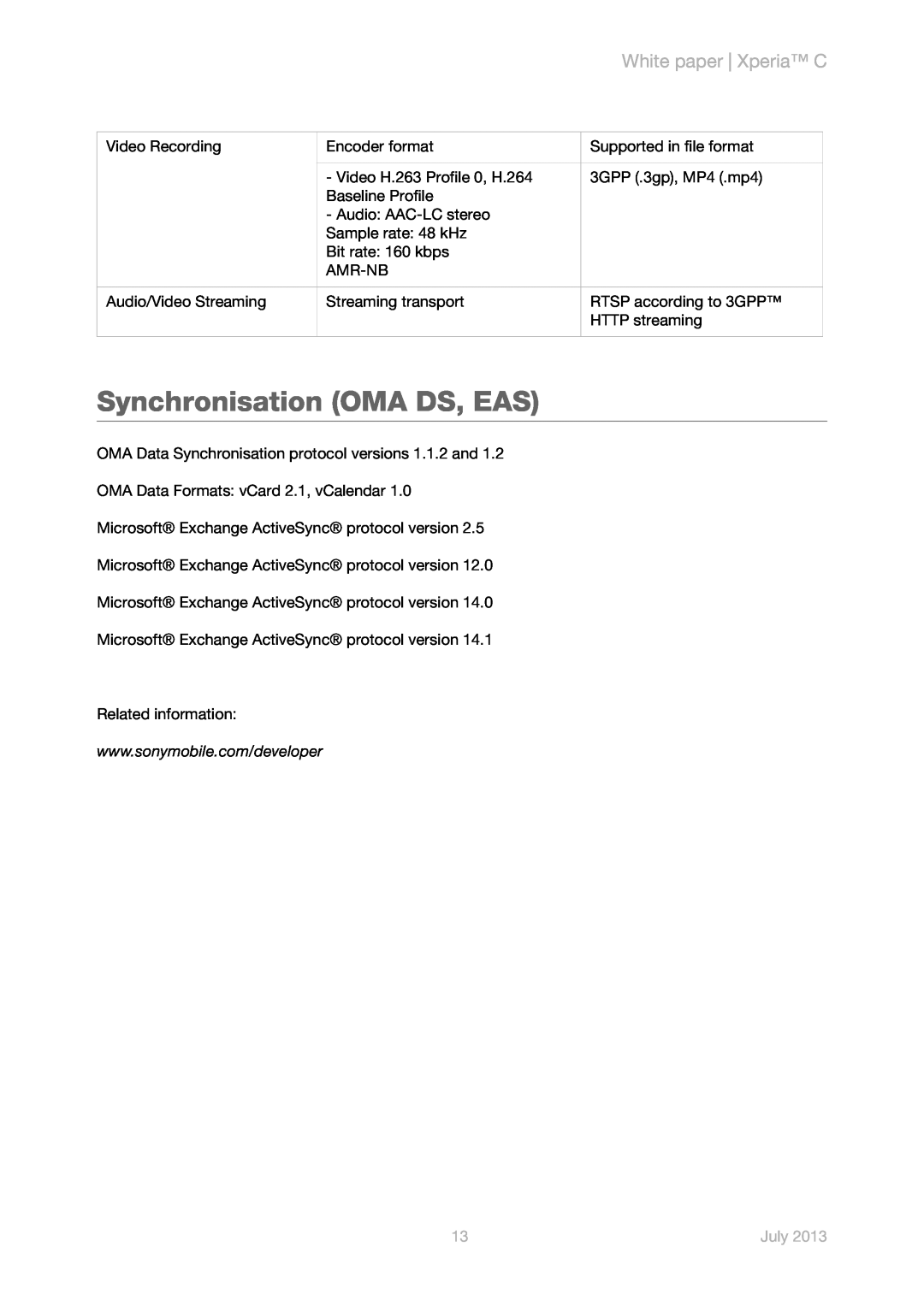 Sony s39h manual Synchronisation OMA DS, EAS, White paper Xperia C, July 