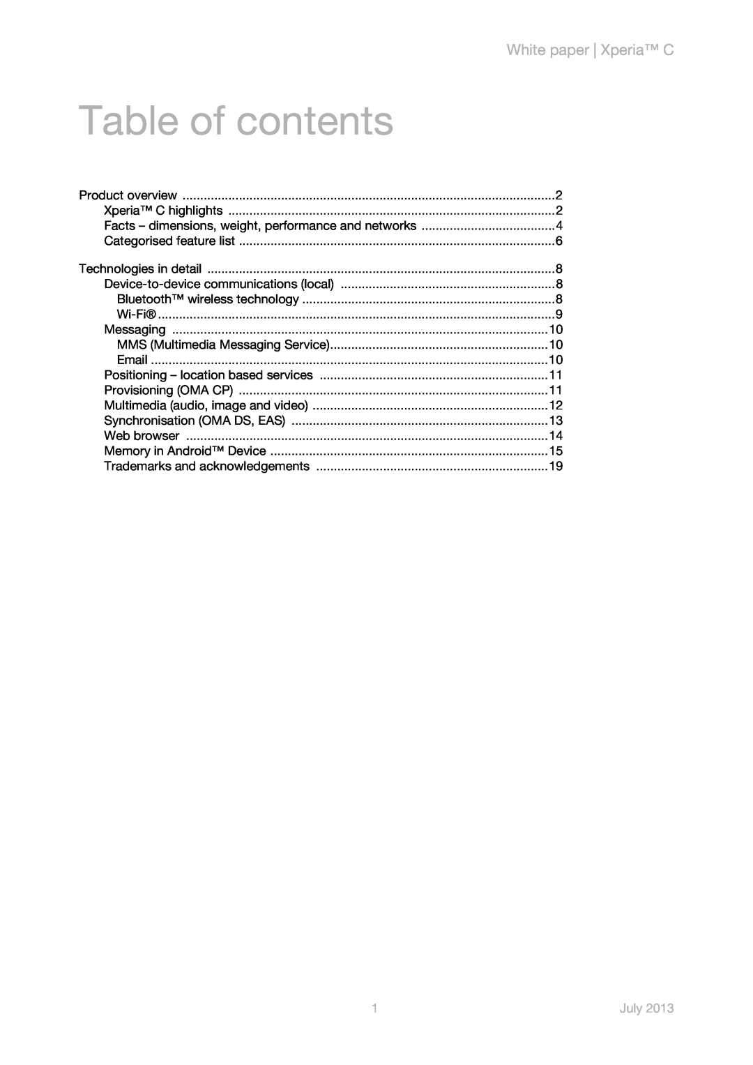 Sony s39h manual Table of contents, White paper Xperia C, July 