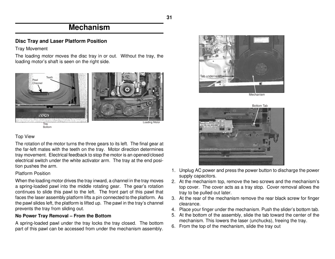 Sony S530D manual Mechanism, Disc Tray and Laser Platform Position, No Power Tray Removal From the Bottom 