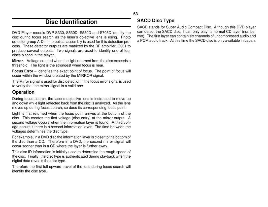 Sony S530D manual Disc Identification, Sacd Disc Type, Operation 