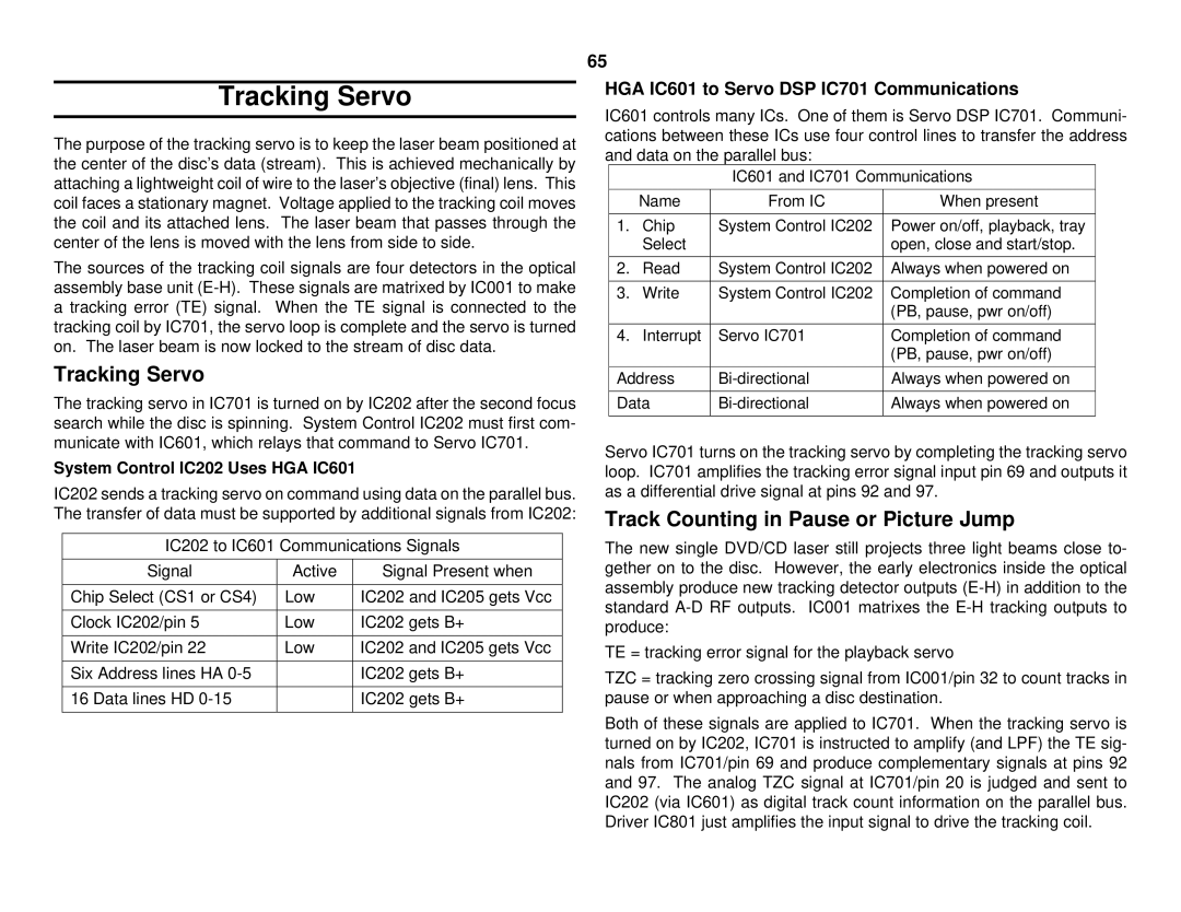 Sony S530D manual Tracking Servo, Track Counting in Pause or Picture Jump, System Control IC202 Uses HGA IC601 