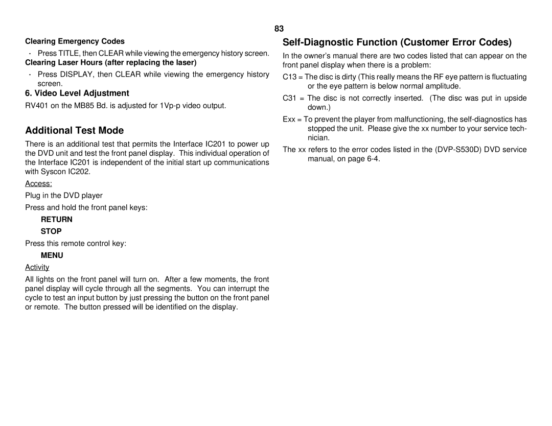 Sony S530D manual Additional Test Mode, Self-Diagnostic Function Customer Error Codes, Video Level Adjustment 