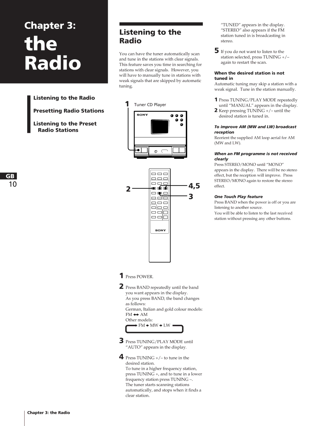 Sony HCD-T1 Listening to Radio, When the desired station is not tuned, To improve AM MW and LW broadcast reception 