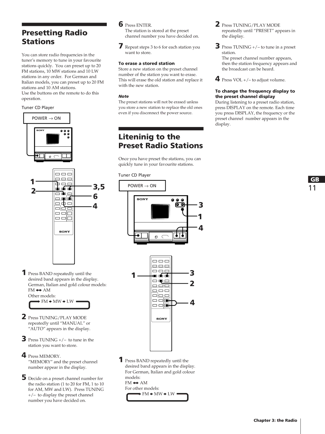 Sony TC-TX1, SA-N11, HCD-T1 Presetting Radio Stations, Liteninig to Preset Radio Stations, To erase a stored station 