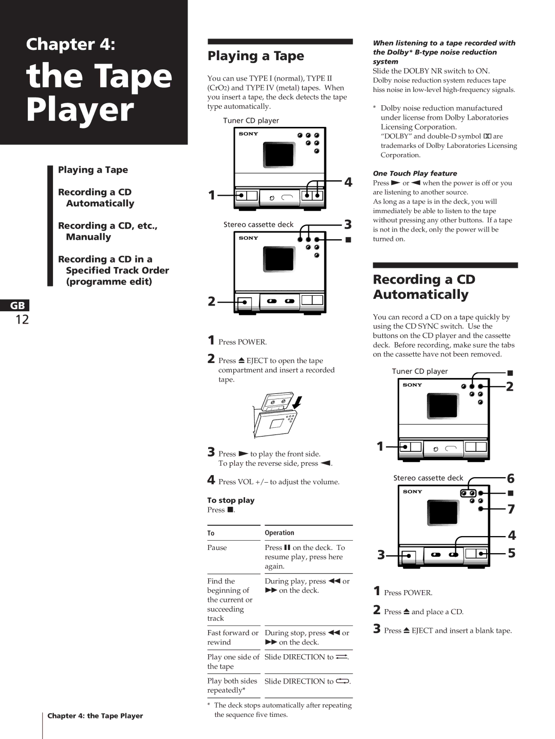 Sony SA-N11, HCD-T1 manual Tape Player, Playing a Tape, Recording a CD Automatically, Stereo cassette deck, To stop play 