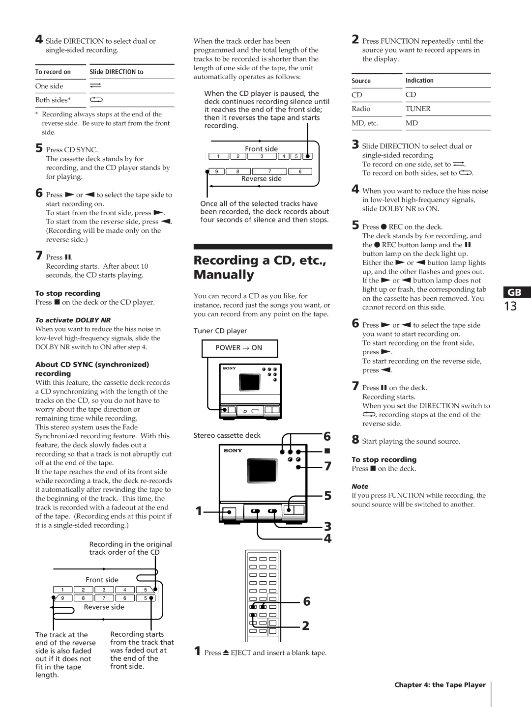 Sony SA-N11, HCD-T1, TC-TX1 Recording a CD, etc., Manually, To stop recording, About CD Sync synchronized recording, Cdcd 