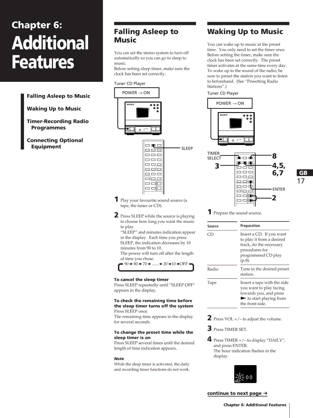 Sony SA-N11, HCD-T1, TC-TX1 manual Falling Asleep to Music, Waking Up to Music, Sleep, To cancel the sleep timer 