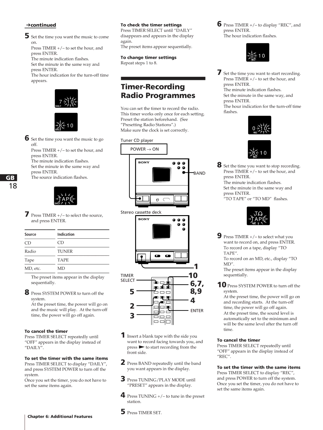 Sony HCD-T1, SA-N11, TC-TX1 Timer-Recording Radio Programmes, To cancel the timer, To set the timer with the same items 