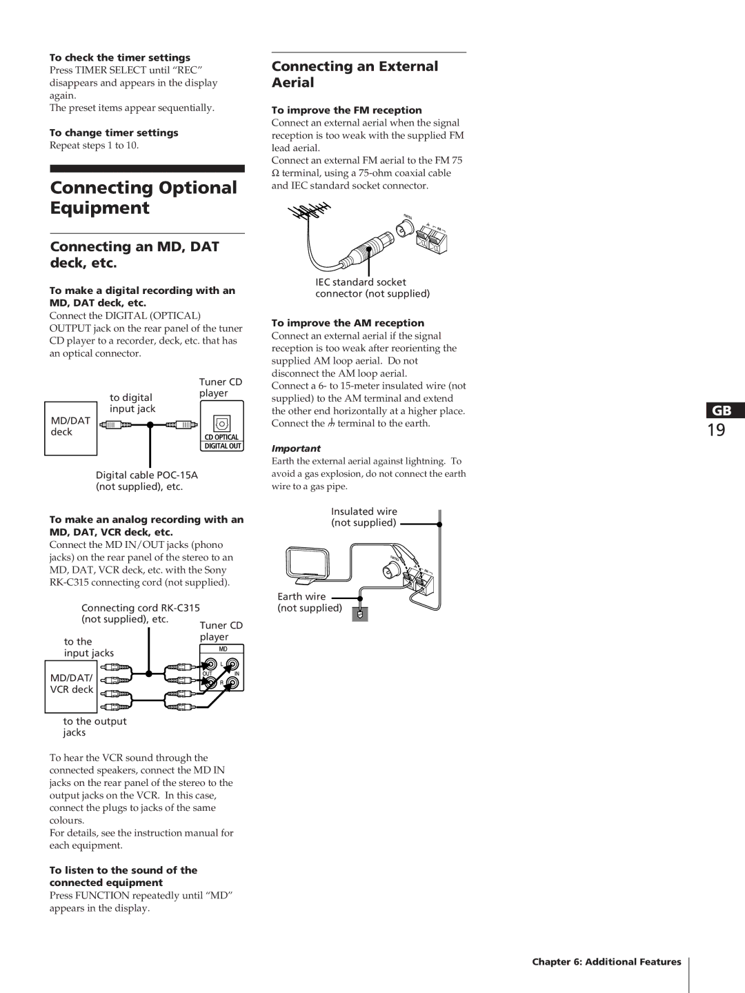 Sony TC-TX1, SA-N11 manual Connecting Optional Equipment, Connecting an MD, DAT deck, etc, Connecting an External Aerial 