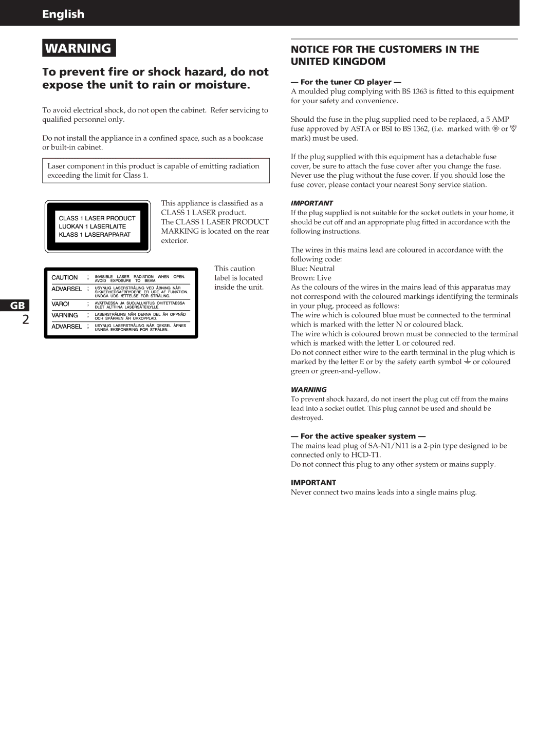 Sony HCD-T1, SA-N11, TC-TX1 manual For the tuner CD player, For the active speaker system 