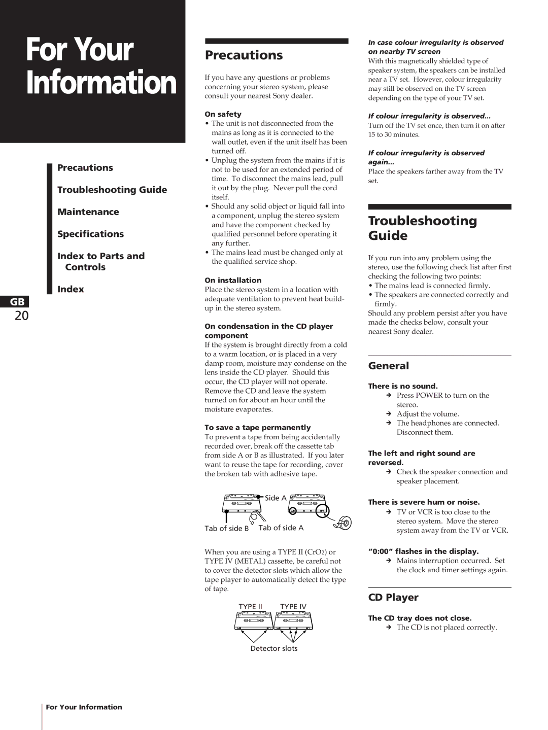 Sony SA-N11, HCD-T1, TC-TX1 manual Precautions, Troubleshooting Guide, General, CD Player 