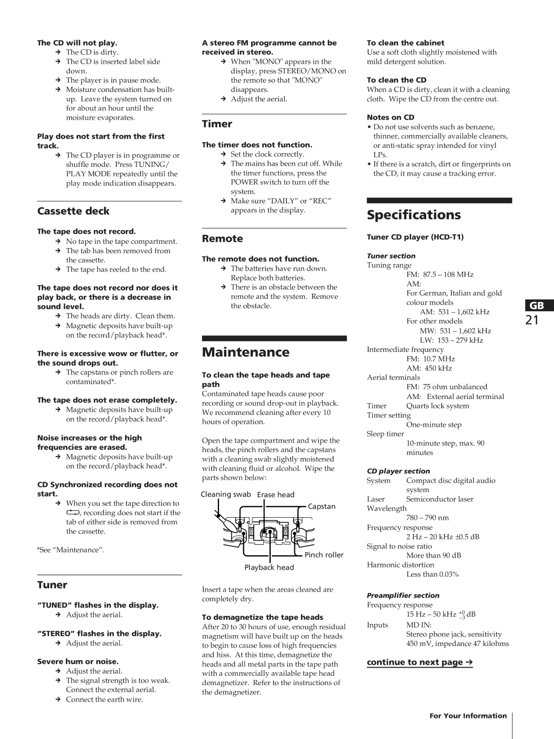 Sony SA-N11, HCD-T1, TC-TX1 manual Maintenance, Specifications 