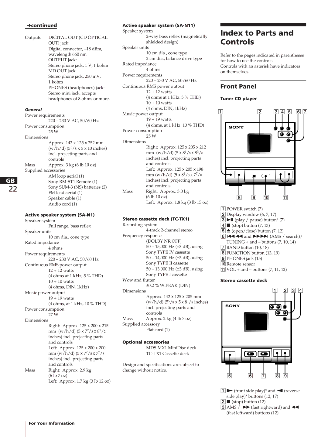 Sony HCD-T1, SA-N11, TC-TX1 manual Index to Parts, Controls, Front Panel 