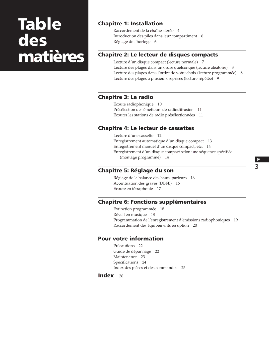 Sony SA-N11, HCD-T1, TC-TX1 manual Table des matières, Chapitre 1 Installation 