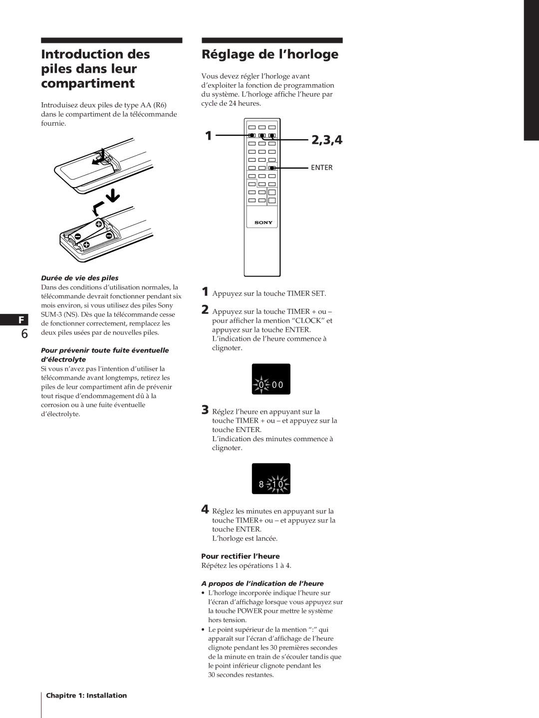 Sony SA-N11, HCD-T1, TC-TX1 Introduction des piles dans leur compartiment, Réglage de l’horloge, Pour rectifier l’heure 