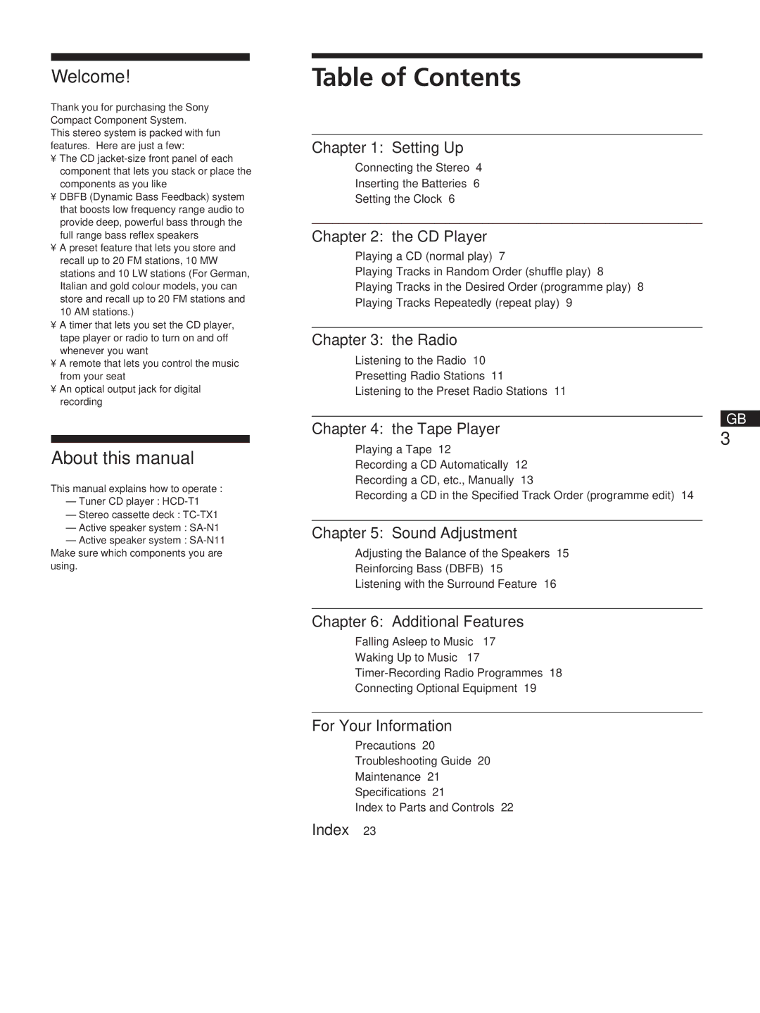 Sony TC-TX1, SA-N11, HCD-T1 manual Table of Contents 