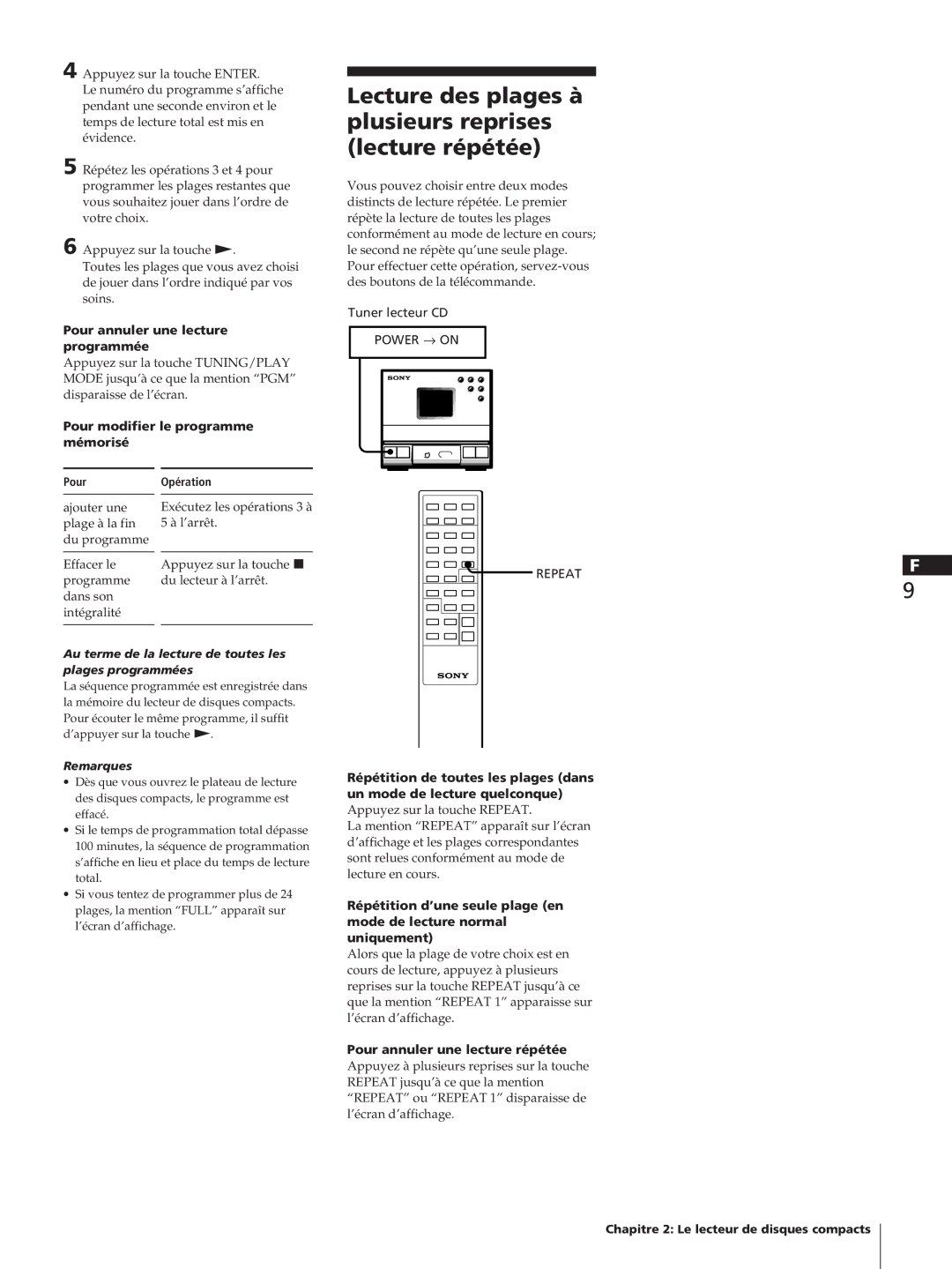 Sony TC-TX1, SA-N11, HCD-T1 Lecture des plages à plusieurs reprises lecture répétée, Pour annuler une lecture programmée 