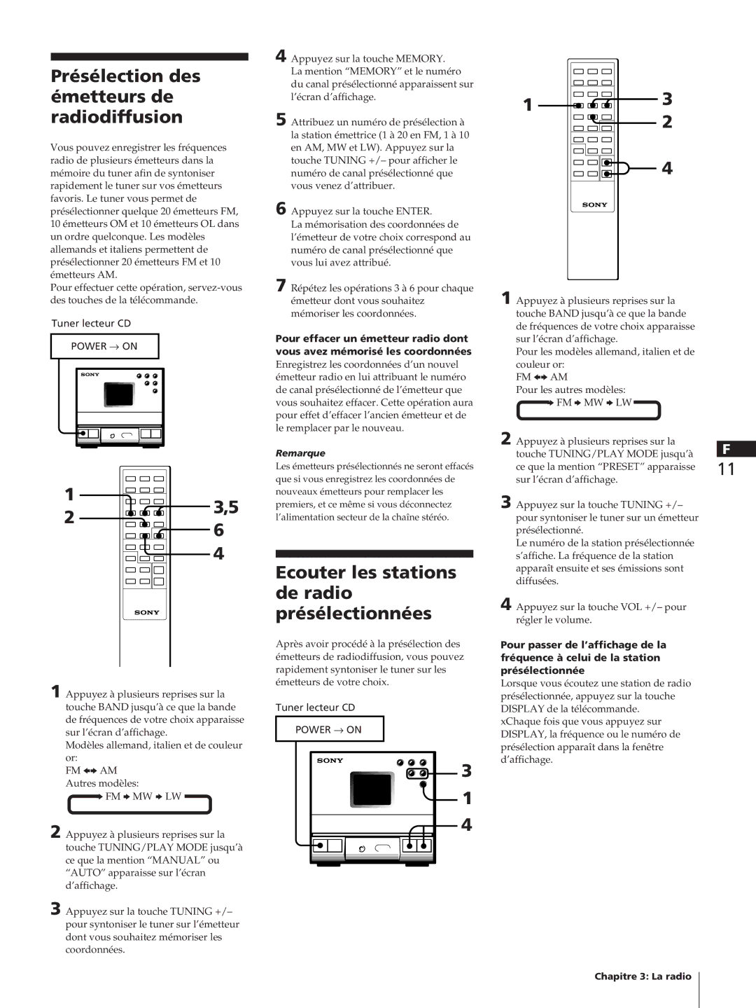 Sony SA-N11, HCD-T1, TC-TX1 Présélection des émetteurs de radiodiffusion, Ecouter les stations de radio présélectionnées 