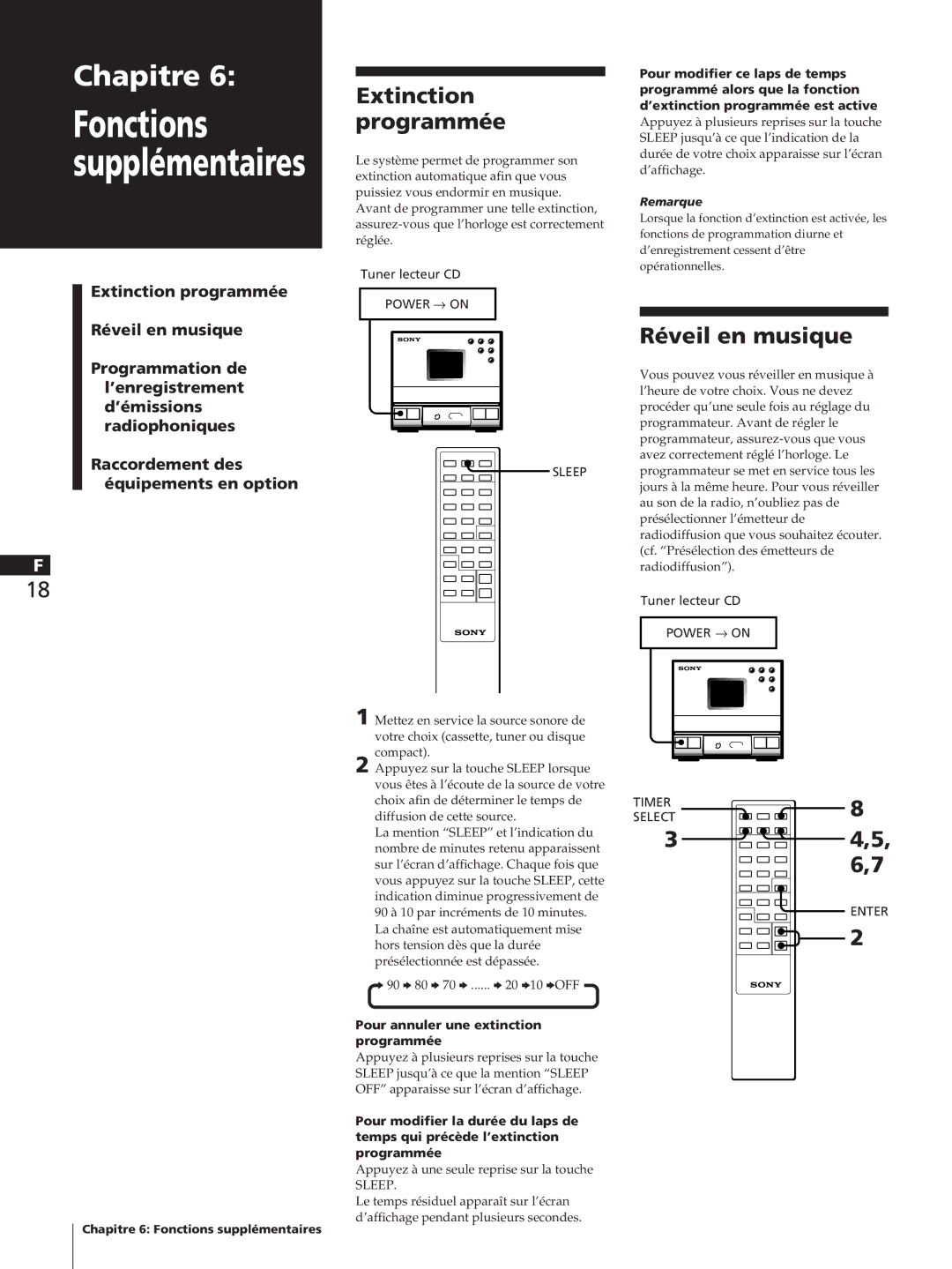 Sony SA-N1 Extinction programmée, Réveil en musique, Pour annuler une extinction programmée, Sleep, Timer Select Enter 