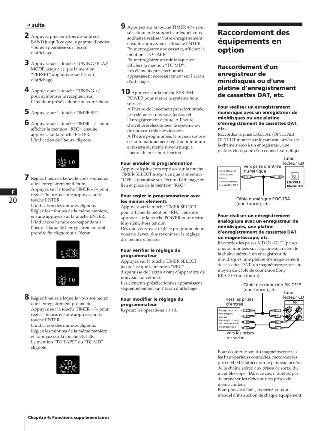 Sony HCD-T1, SA-N11, TC-TX1 Raccordement des équipements en option, Pour régler le programmateur avec les mêmes éléments 