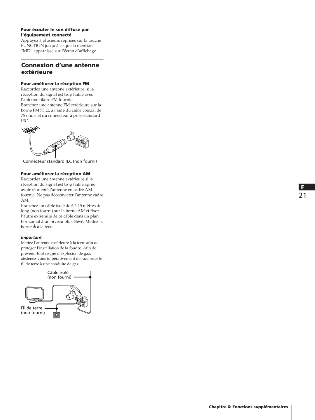 Sony TC-TX1, SA-N11, HCD-T1 Connexion d’une antenne extérieure, Pour écouter le son diffusé par l’équipement connecté 