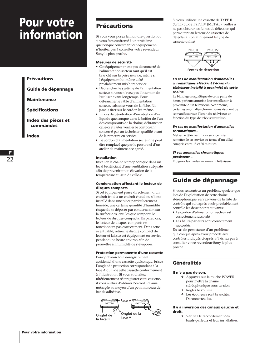 Sony SA-N11, HCD-T1, TC-TX1 manual Précautions, Guide de dépannage, Généralités 