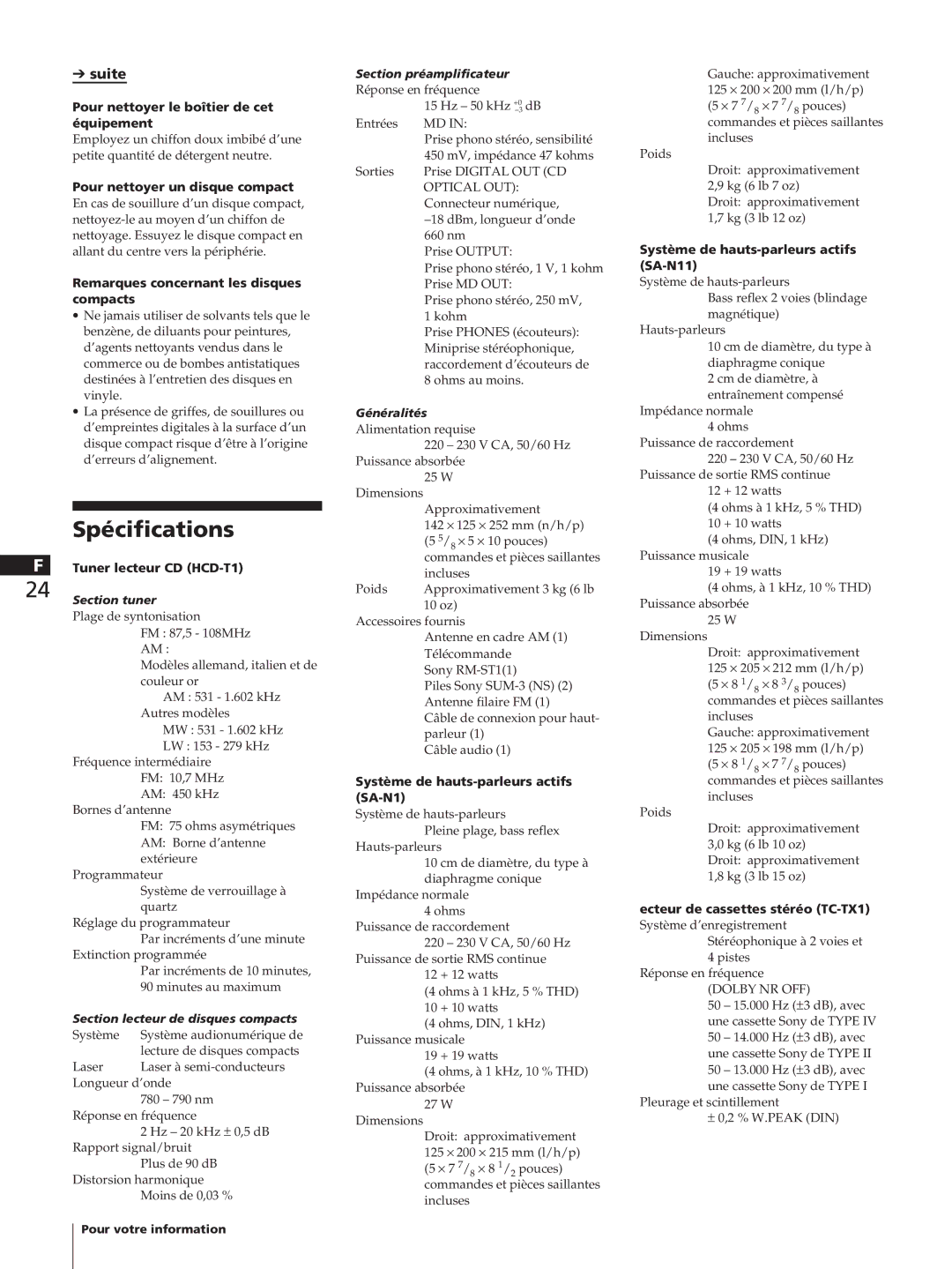 Sony HCD-T1, SA-N11, TC-TX1 manual Spécifications 