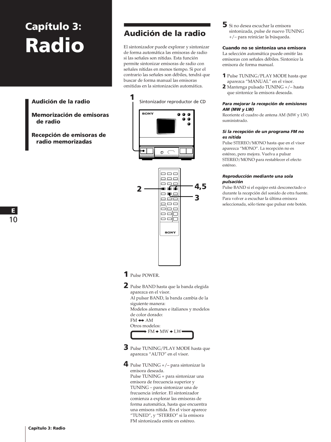 Sony HCD-T1 Audición de la radio, Cuando no se sintoniza una emisora, Para mejorar la recepción de emisiones AM MW y LW 