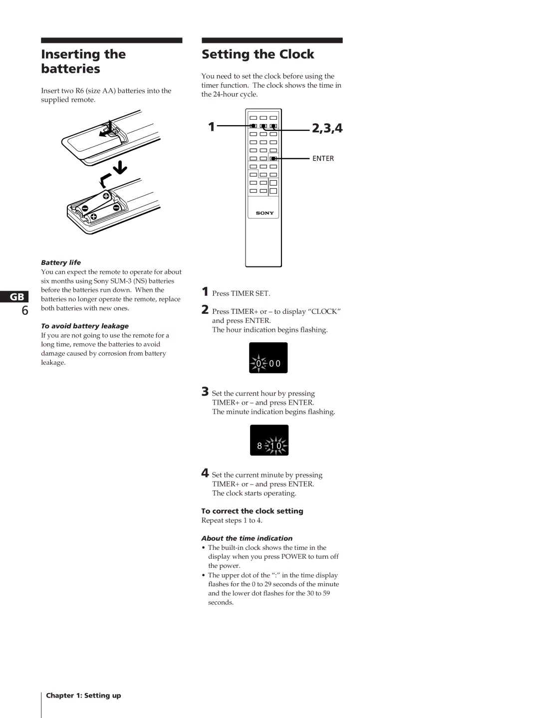 Sony HCD-T1, SA-N11, TC-TX1 manual Inserting the batteries, Setting the Clock, 3,4, Enter, To correct the clock setting 