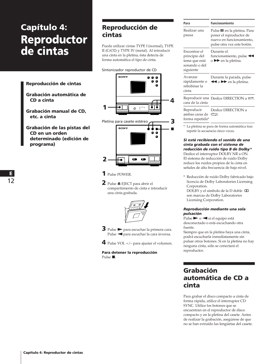 Sony SA-N11, HCD-T1, TC-TX1 manual Reproducción de cintas, Grabación automática de CD a cinta, Pletina para casete estéreo 