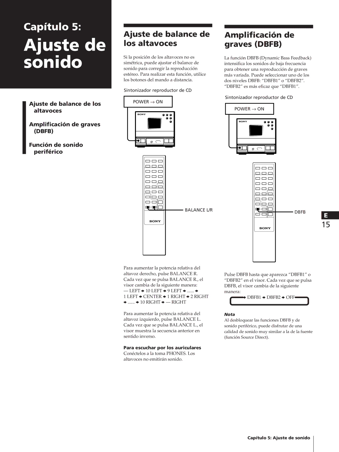 Sony TC-TX1, SA-N1 Ajuste de balance de los altavoces, Amplificación de graves Dbfb, Para escuchar por los auriculares 