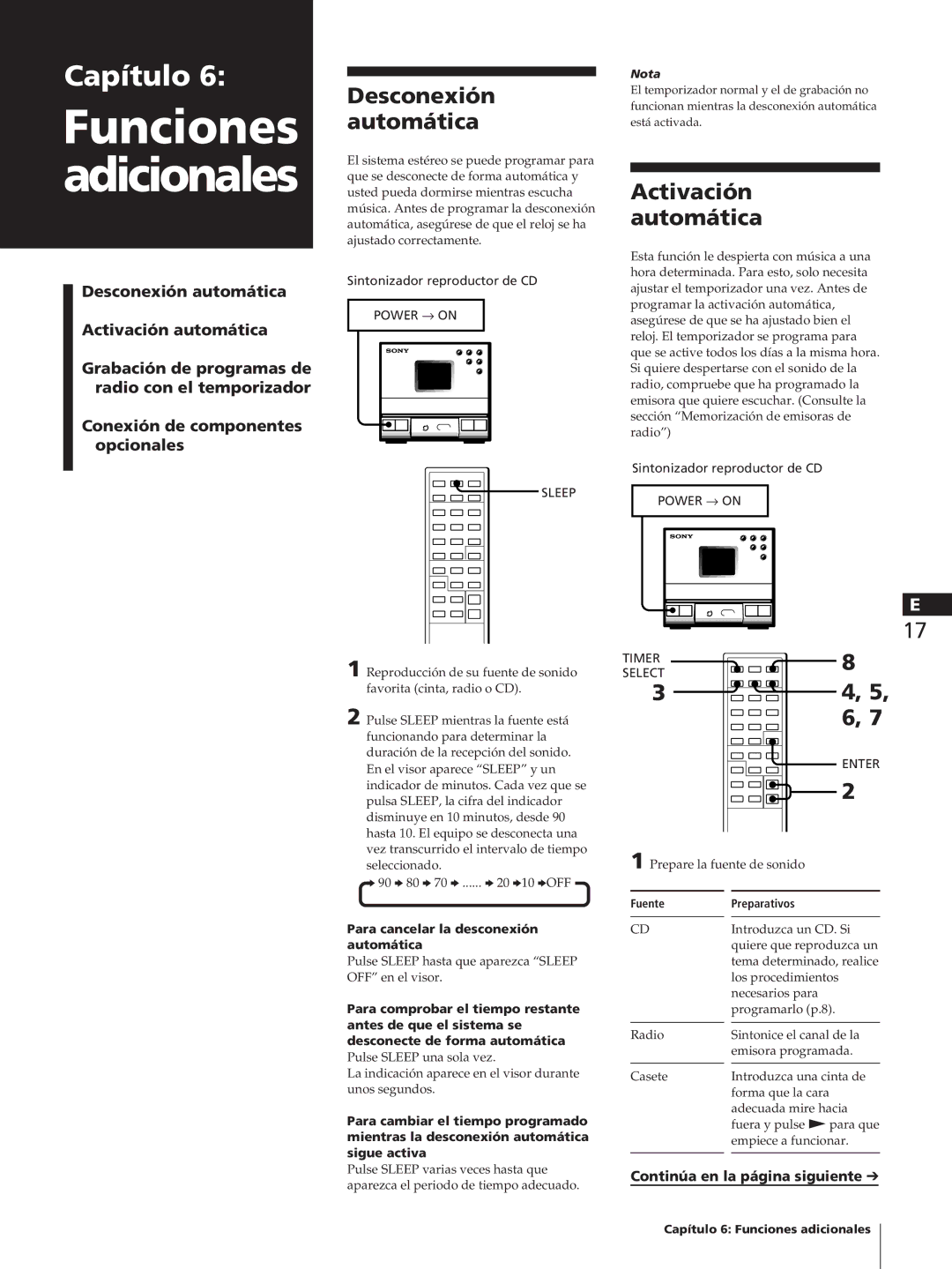 Sony SA-N11 manual Desconexión Automática, Activación Automática, Power → on Sleep, Para cancelar la desconexión automática 