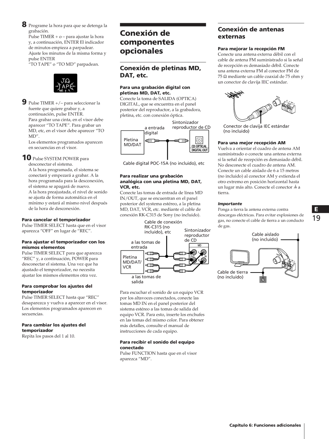 Sony TC-TX1, SA-N1 Conexión de componentes opcionales, Conexión de pletinas MD, DAT, etc, Conexión de antenas externas 