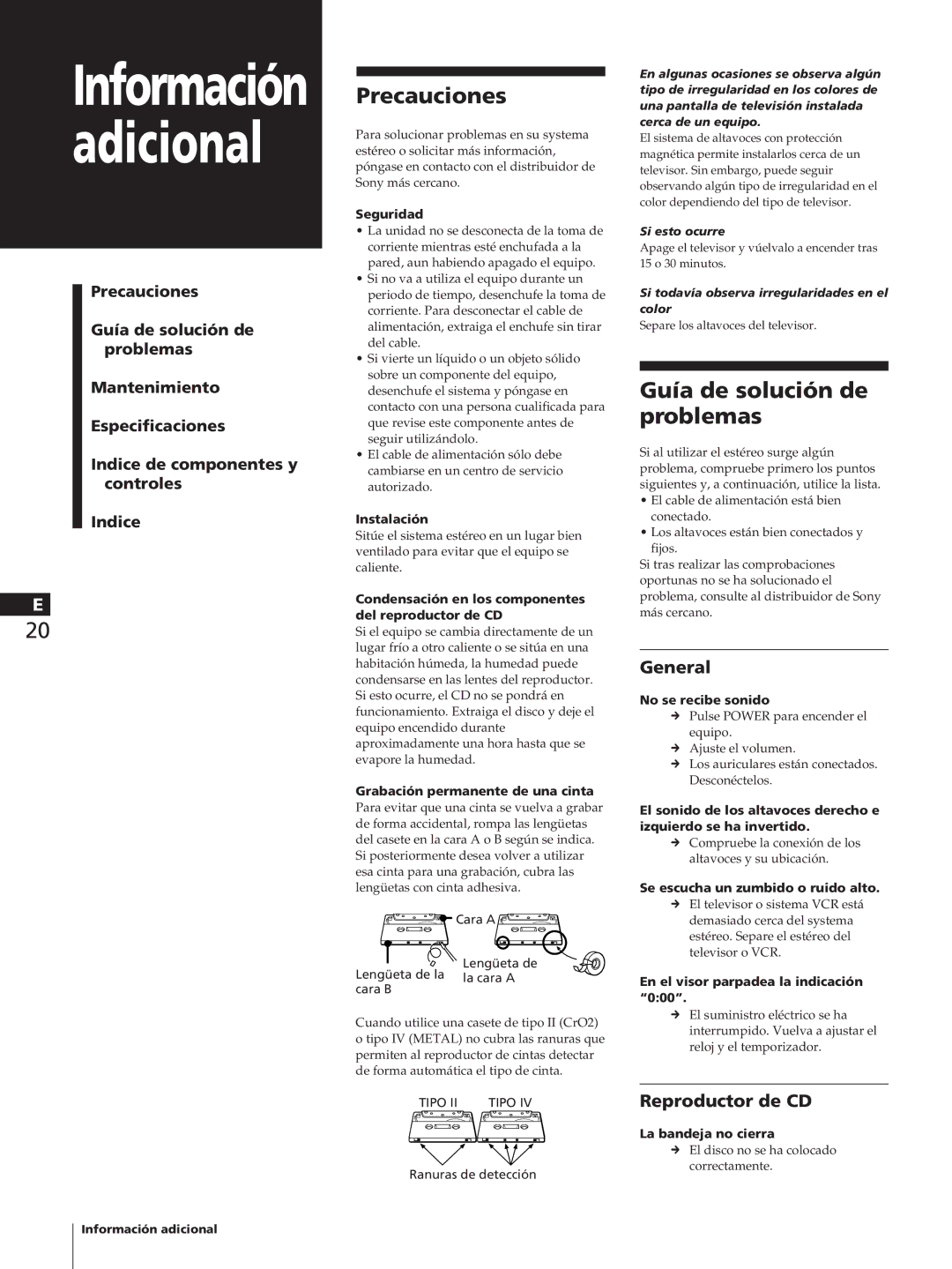 Sony SA-N11, HCD-T1, TC-TX1 manual Precauciones, Guía de solución de problemas, Reproductor de CD 