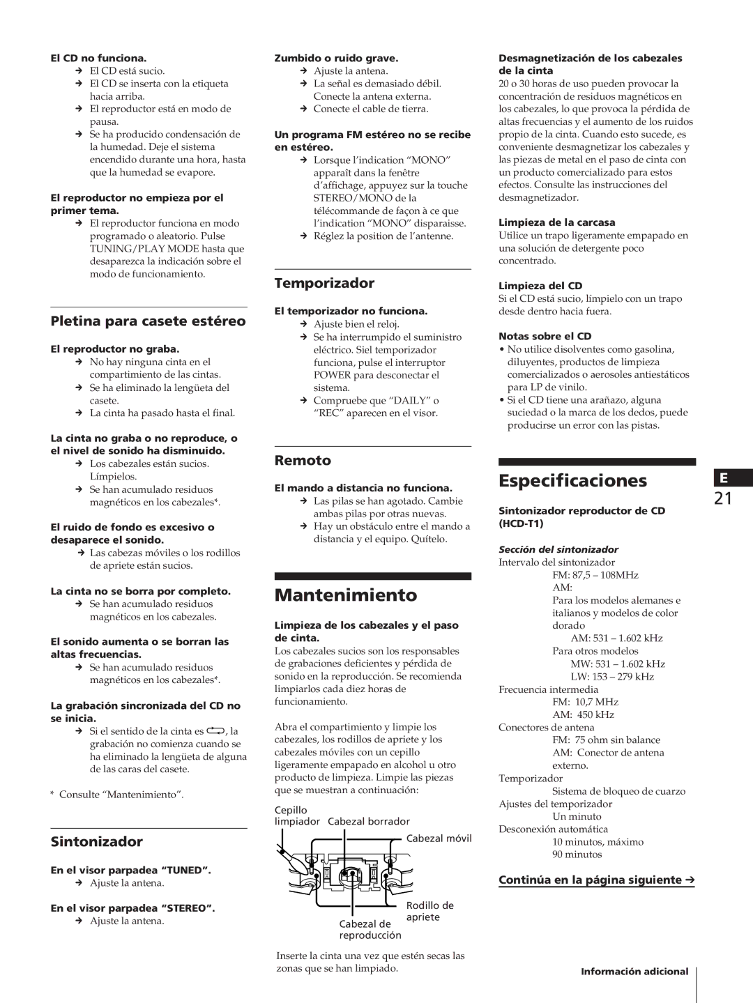 Sony SA-N11, HCD-T1, TC-TX1 manual Mantenimiento, Especificaciones 