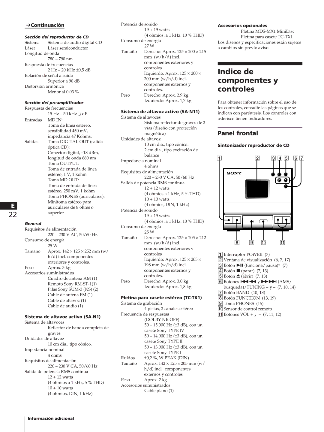 Sony HCD-T1, SA-N11, TC-TX1 manual Indice de, Componentes y, Controles, Panel frontal 