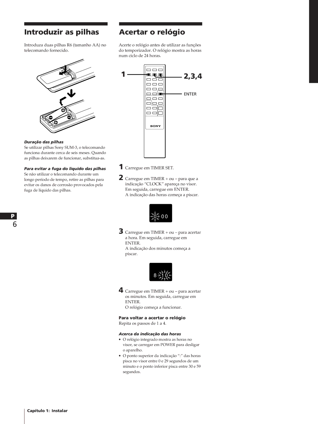 Sony SA-N11, HCD-T1, TC-TX1 manual Introduzir as pilhas, Acertar o relógio, Enter, Para voltar a acertar o relógio 