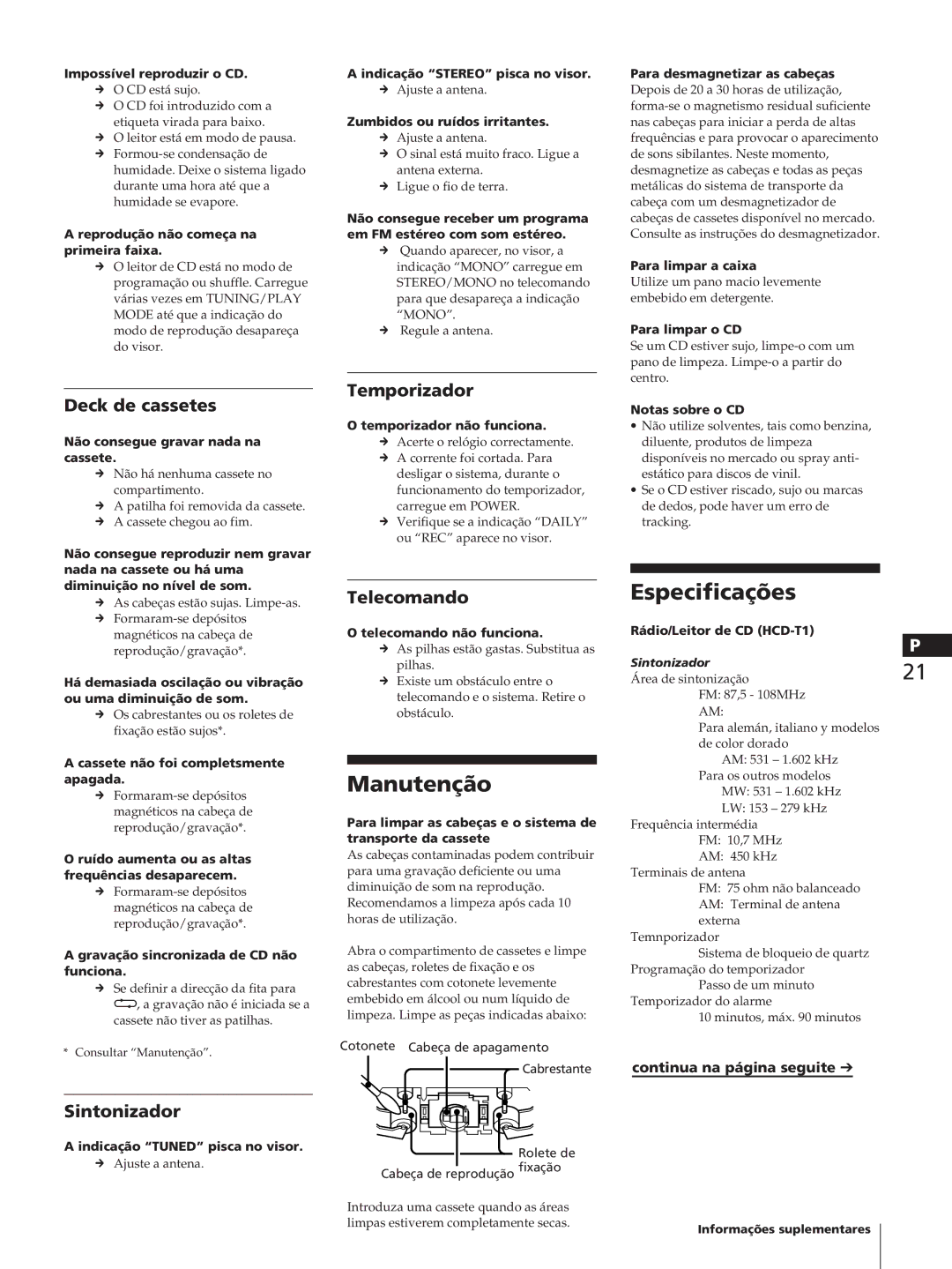 Sony TC-TX1, SA-N11, HCD-T1 manual Manutenção, Especificações, Deck de cassetes, Telecomando 