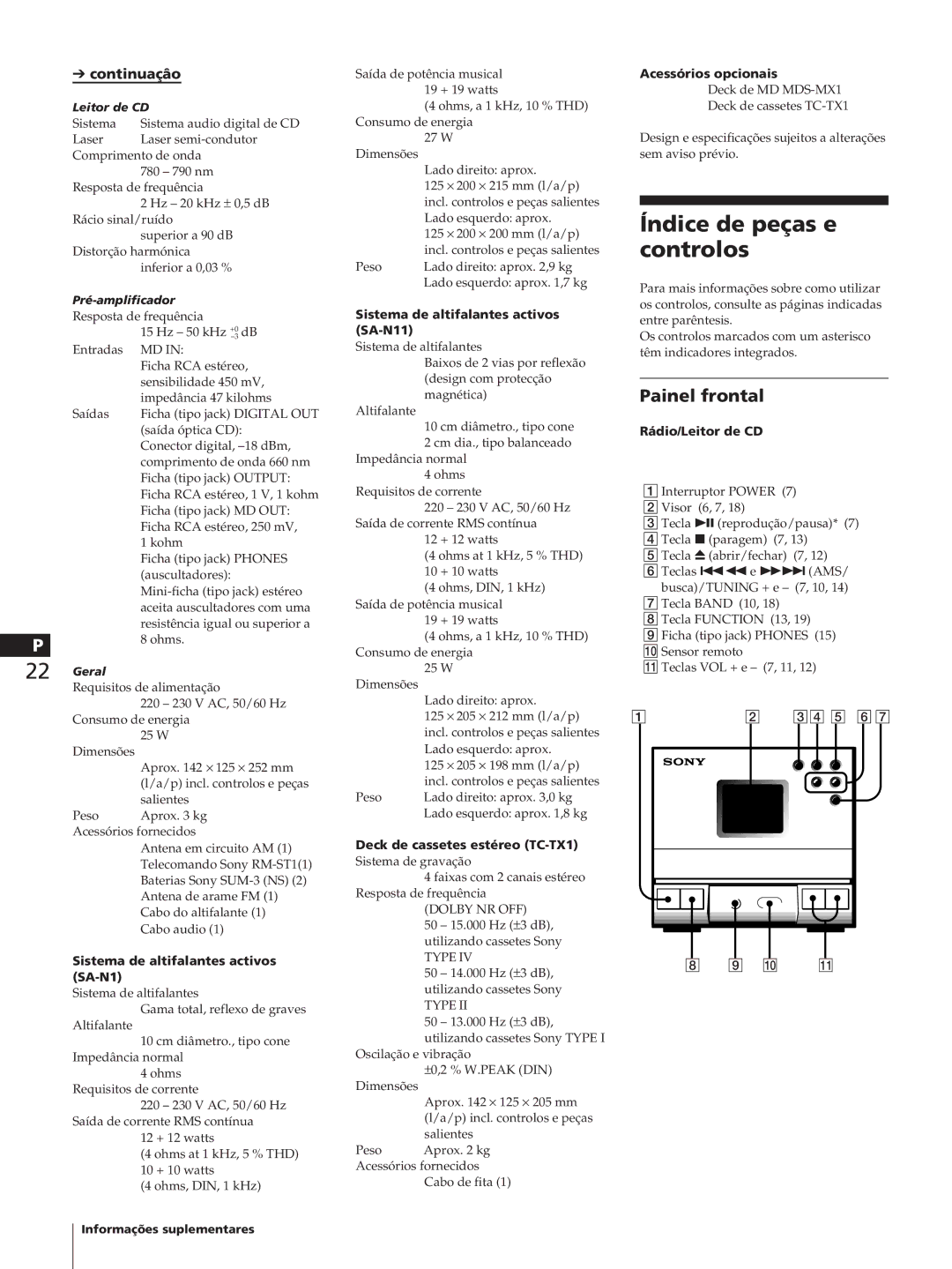 Sony SA-N11, HCD-T1, TC-TX1 manual Índice de peças e controlos, Painel frontal 