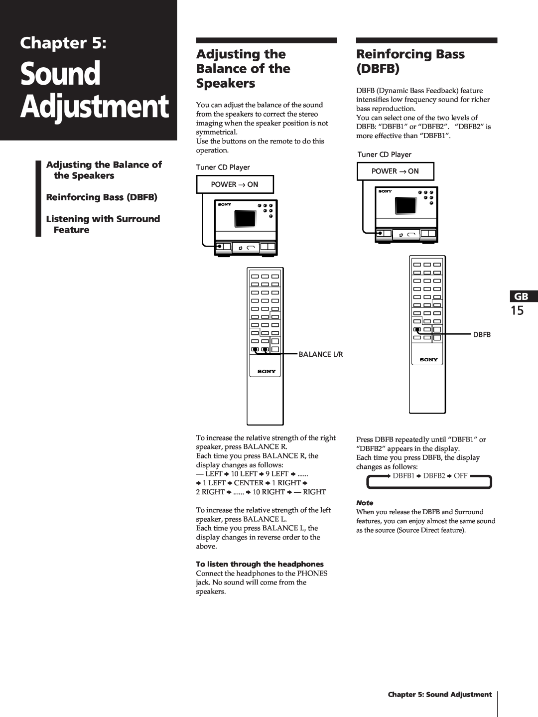 Sony TC-TX1, SA-N11, HCD-T1 manual Sound Adjustment, Chapter, Adjusting the Balance of the Speakers, Reinforcing Bass DBFB 