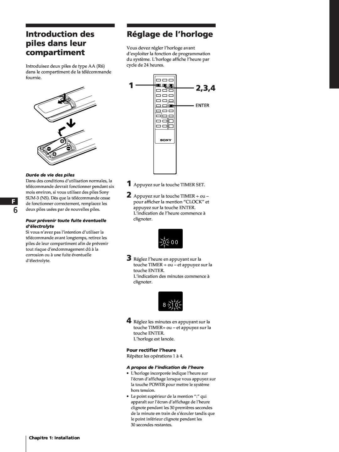 Sony SA-N11 manual Introduction des piles dans leur compartiment, Réglage de l’horloge, 1 2,3,4, Pour rectifier l’heure 