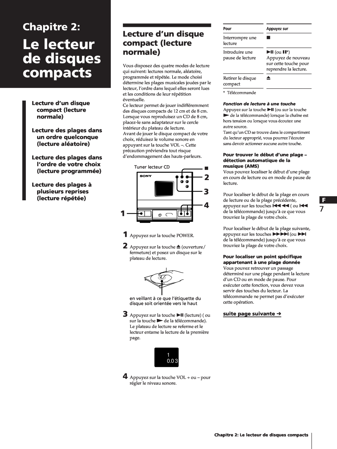Sony SA-N11, HCD-T1, TC-TX1 Le lecteur de disques compacts, Chapitre, Lecture d’un disque, compact lecture, normale, 1 0 0 