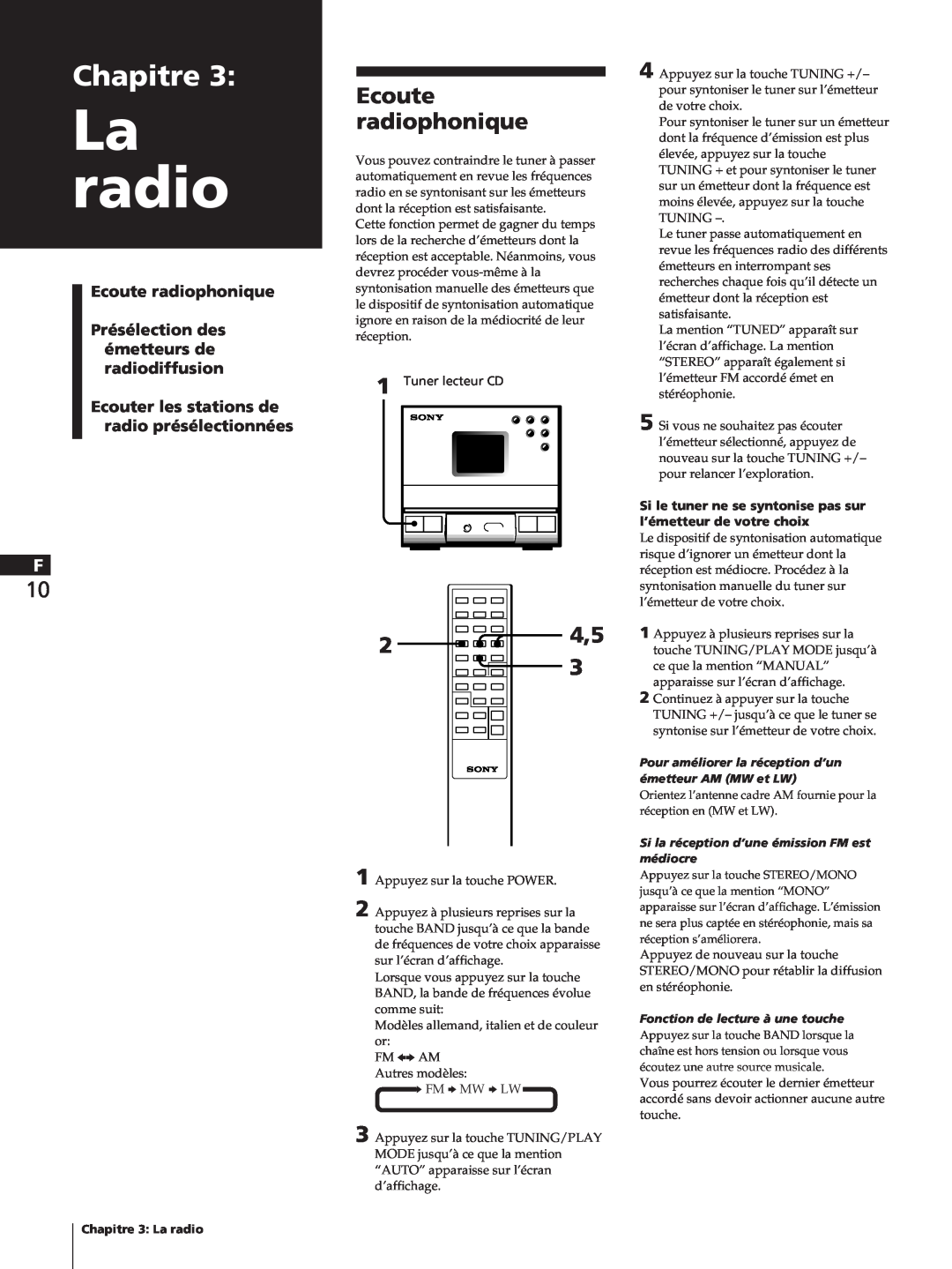 Sony SA-N11, HCD-T1, TC-TX1 manual La radio, Chapitre, Ecoute radiophonique, Présélection des émetteurs de radiodiffusion 