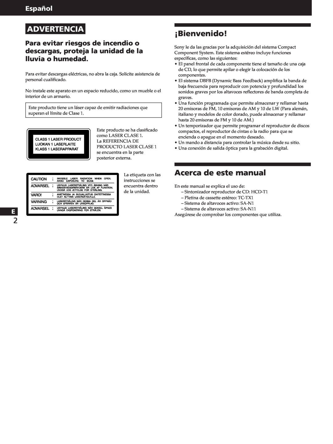 Sony HCD-T1, SA-N11, TC-TX1 Advertencia, ¡Bienvenido, Acerca de este manual, Español 