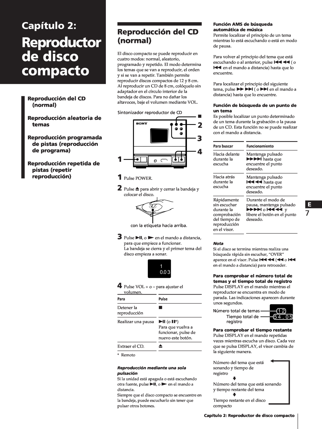 Sony TC-TX1 Reproductor de disco compacto, Capítulo, Reproducción del CD normal, Reproducción aleatoria de temas, 1 0 0 