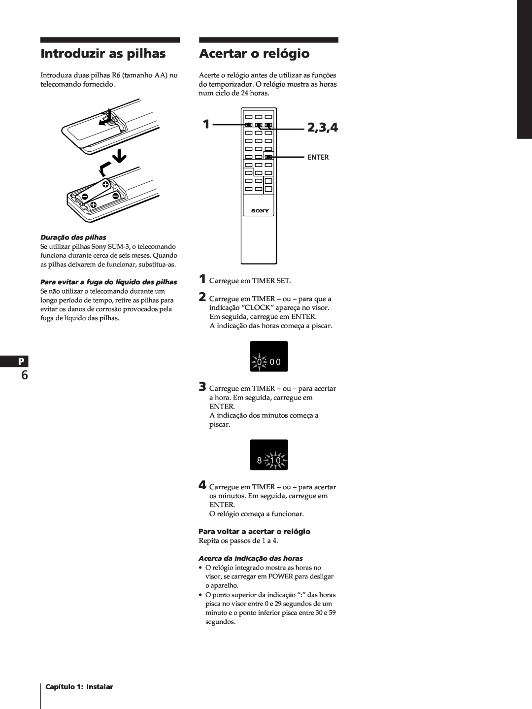 Sony SA-N11, HCD-T1, TC-TX1 manual Introduzir as pilhas, Acertar o relógio, 1 2,3,4, Para voltar a acertar o relógio 
