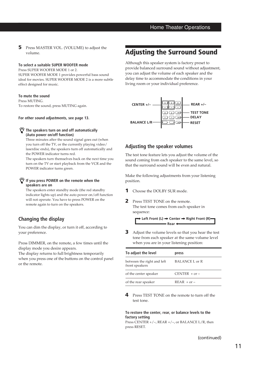 Sony SA-VA10 manual Adjusting the Surround Sound, Changing the display, Adjusting the speaker volumes 