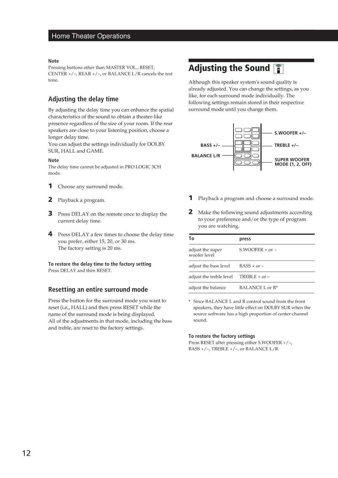 Sony SA-VA10 manual Adjusting the Sound, Adjusting the delay time, Resetting an entire surround mode 